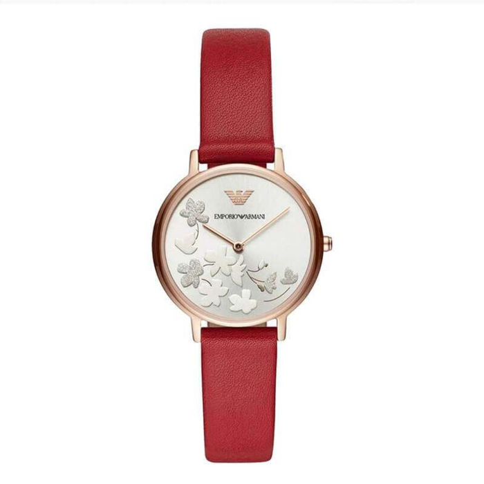 Emporio Armani Women's Quartz Red Leather Strap Silver Dial 32mm Watch AR11114 - Authentic