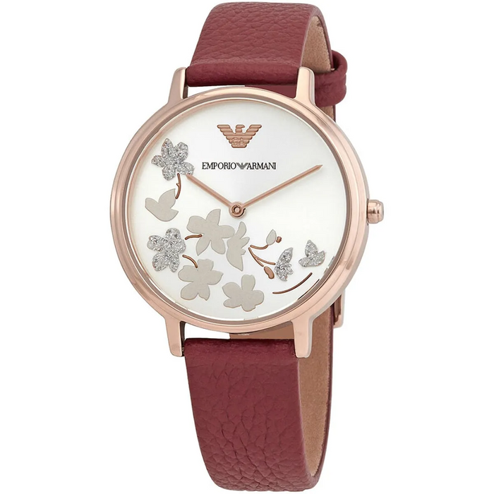 Emporio Armani Women's Quartz Red Leather Strap Silver Dial 32mm Watch AR11114 - Authentic