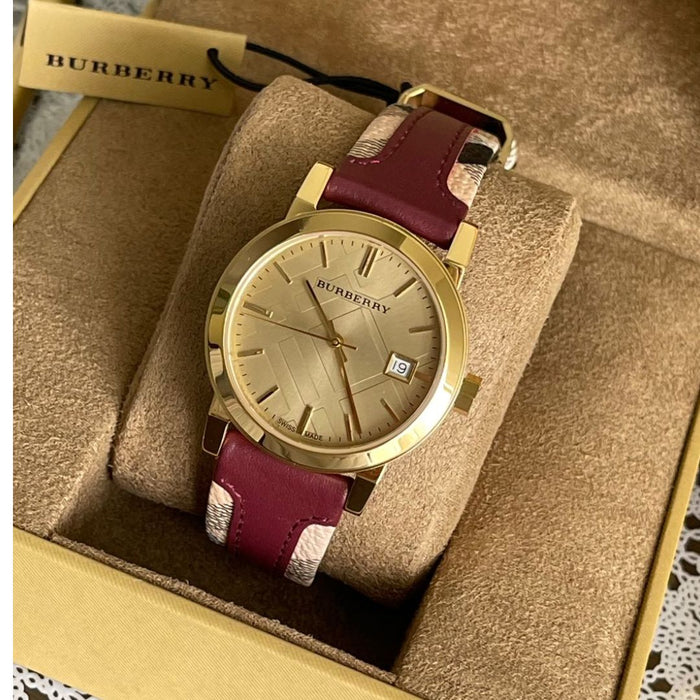 Burberry Gold-Tone Watch with Burgundy Strap BU9111 - Authentic