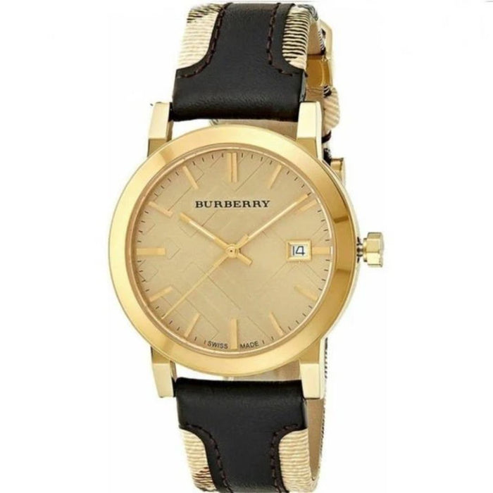Burberry Gold Dial Watch with Black Check Leather Strap BU9032 - Authentic