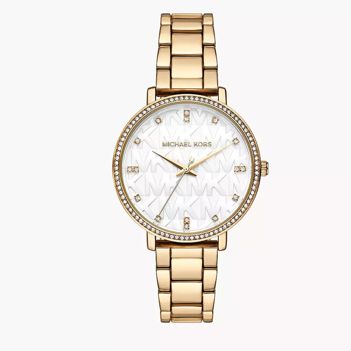 Michael Kors Pyper Three Hand White Dial Gold Steel Strap Watch For Women Authentic