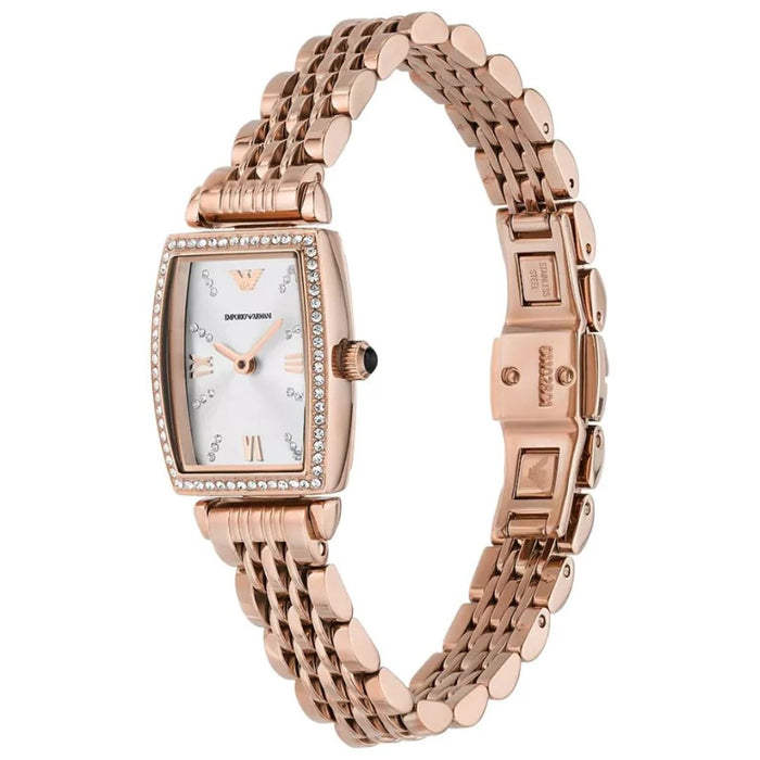 Emporio Armani Gianni T Bar Quartz Crystals White Dial Rose Gold Steel Strap Watch For Women AR11406 - Authentic
