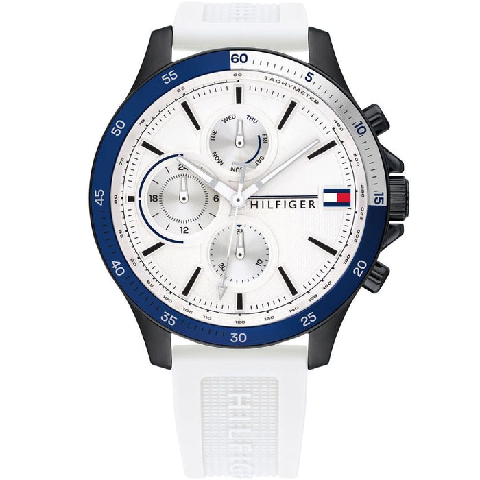 Tommy Hilfiger Mason Chronograph Watch – White Dial with Blue Tachymeter Bezel - 1791723 - Authentic