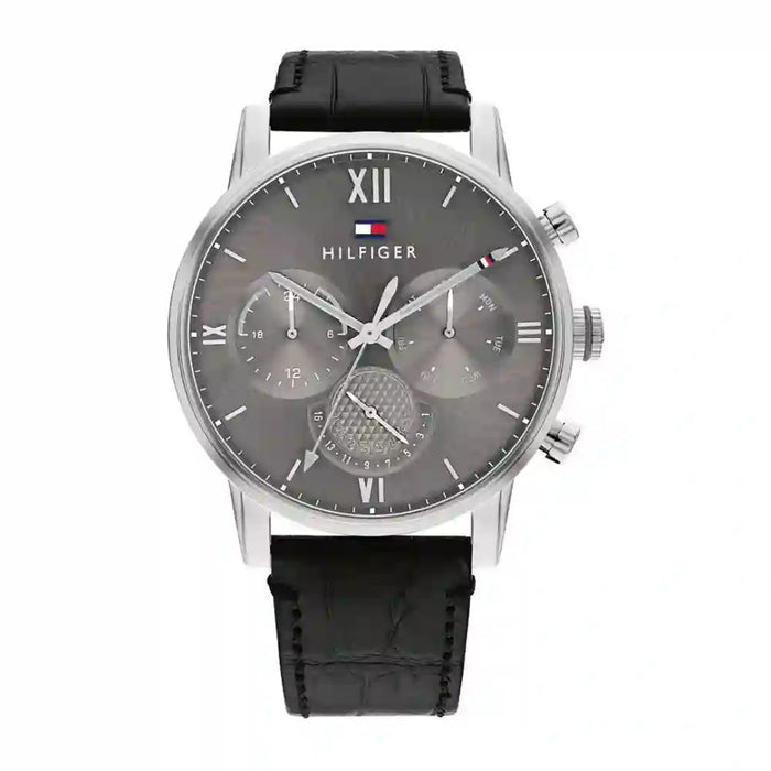 Tommy Hilfiger Black Leather Grey Dial Men's Multi-function Watch - 1791883 - Authentic