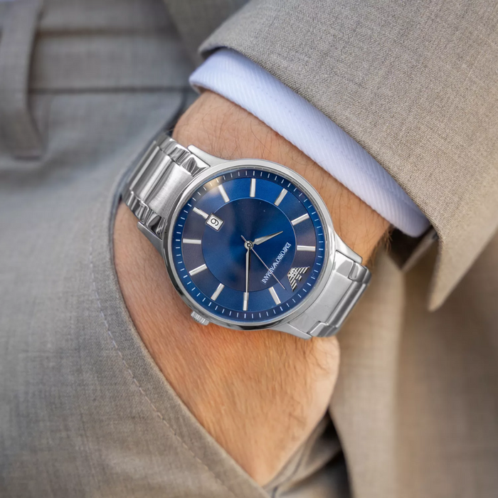 Emporio Armani Renato Watch for Men, Three Hand Date Movement, 43 mm Silver Stainless Steel Case - Authentic AR11180