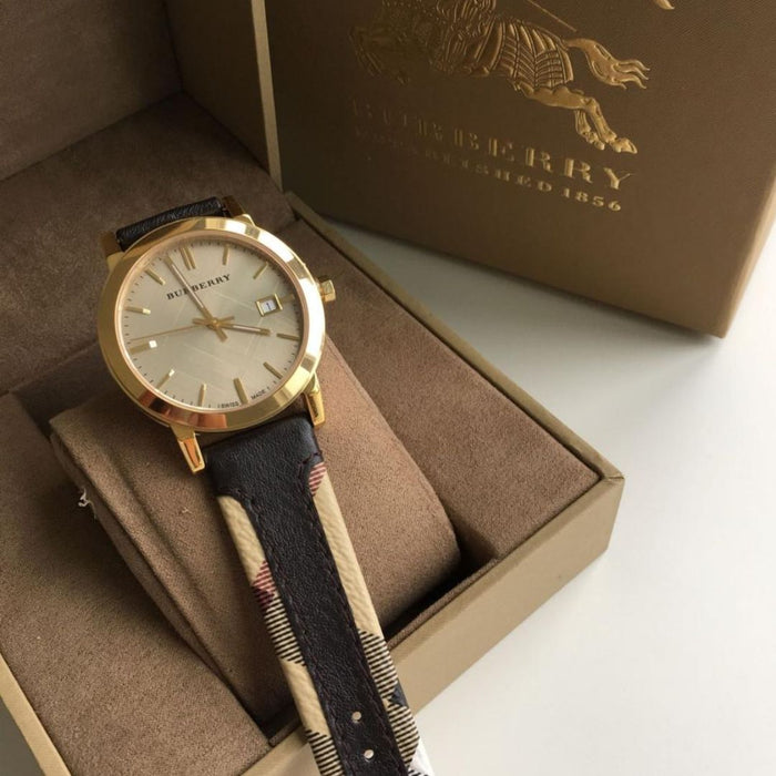 Burberry Gold Dial Watch with Black Check Leather Strap BU9032 - Authentic