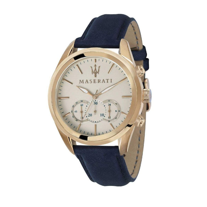 Maserati Men's Gold-Tone Chronograph Watch with Navy Blue Leather Strap - R8871612016 - Authentic