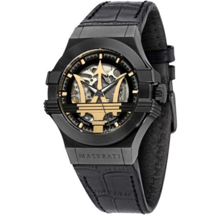 Maserati Men's Black Skeleton Automatic Watch with Gold Trident - R8821108027 - Authentic
