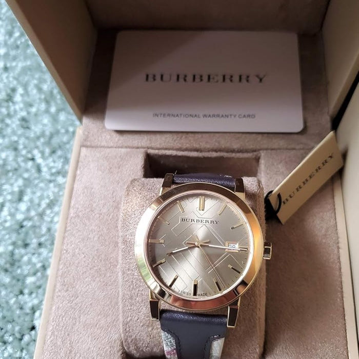 Burberry Gold Dial Watch with Black Check Leather Strap BU9032 - Authentic