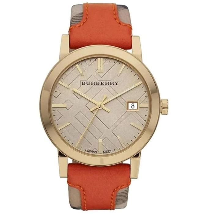 Burberry Gold Case Watch with Orange Leather Check Strap BU9016 - Authentic
