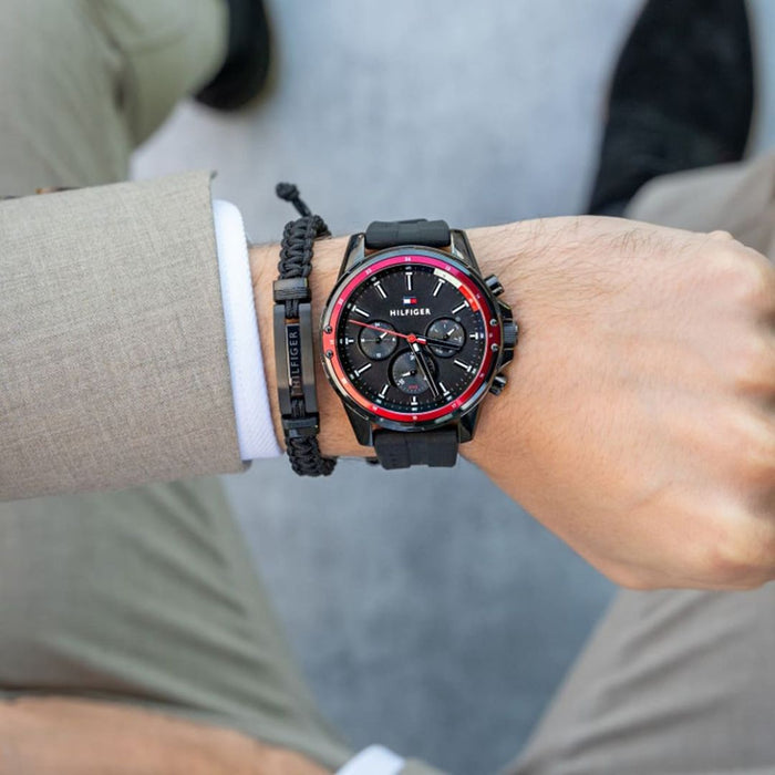 Tommy Hilfiger Sport Chronograph Watch – Black & Red Bezel with Black Silicone Strap - 1791793 - Authentic
