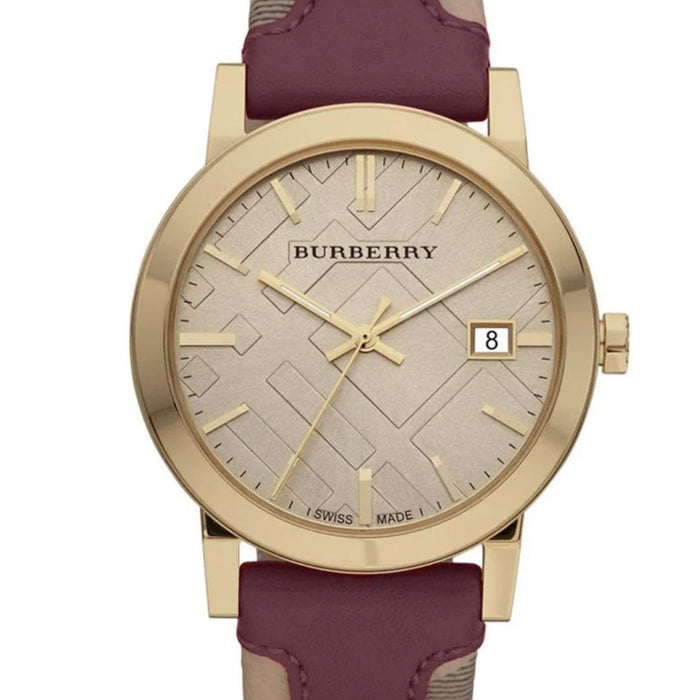 Burberry Gold-Tone Watch with Maroon Leather Check Strap BU9111 - Authentic