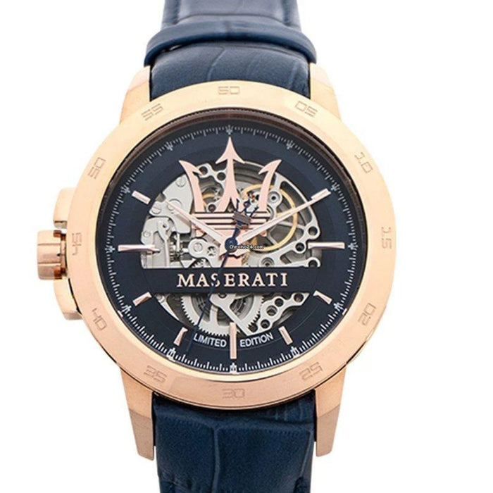 Maserati Men's Rose Gold Skeleton Watch with Blue Leather Strap – Limited Edition - R8821119005 - Authentic