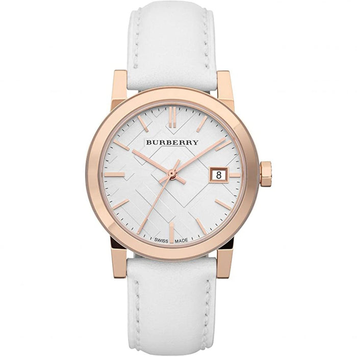 Burberry Rose Gold Watch with White Leather Strap - Authentic Bu9108
